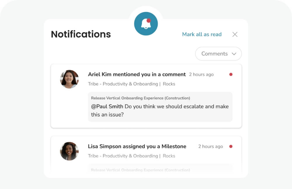 Notifications panel showing comment mentions and milestone assignments within Rocks and team projects.