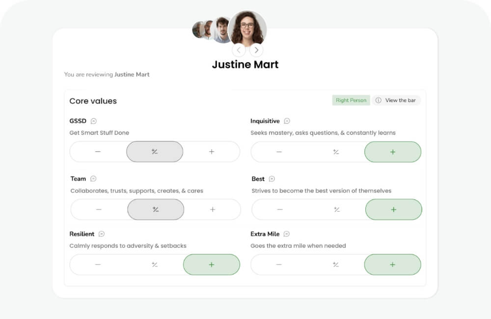 People Analyzer screen evaluating a team member against core values like GSSD, Inquisitive, Team, Resilient, Best, and Extra Mile.