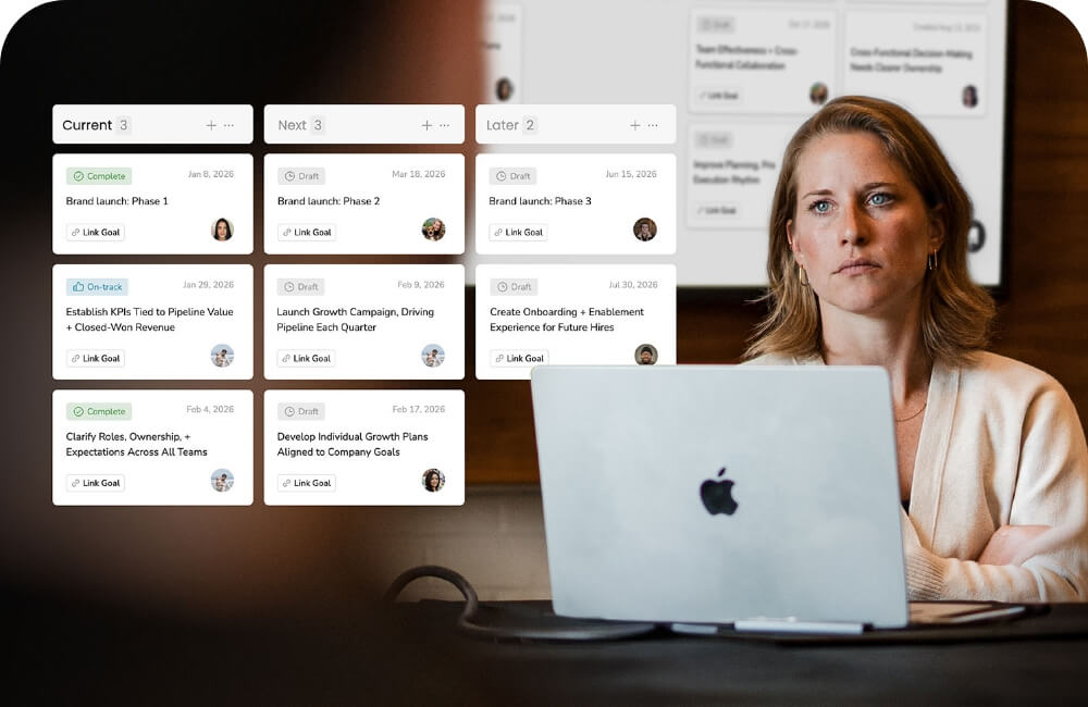 Strategic planning board displaying current, next, and later goals with owners, statuses, and due dates.