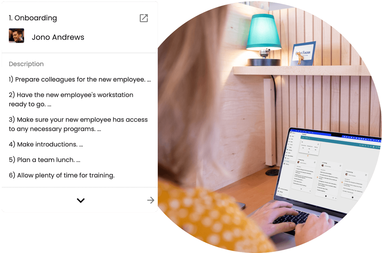 An employee working on her laptop within the Process tool. Superimposed is a screenshot of the same tool, with the first steps of Onboarding outlined.