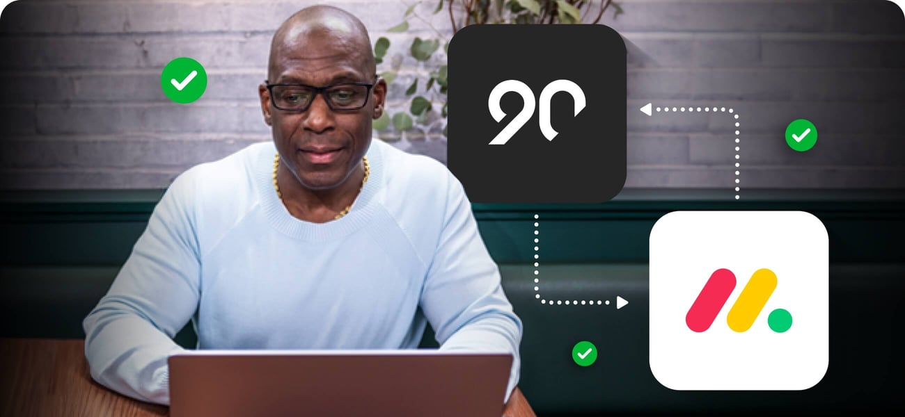 Leader reviewing work on a laptop with visual integrations between Ninety and Monday shown in the interface.