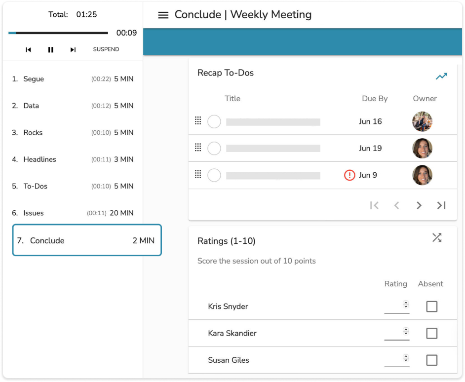 A screenshot of the conclude area of Ninety.io's meetings tool, where you can recap to-dos and rate the meeting.