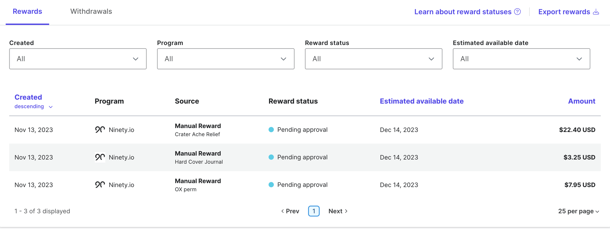 A screenshot from the Revenue Shrae software, with a table of rewards and withdrawals.