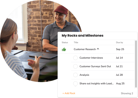 Two employees at a table having a meeting. Superimposed is the Rocks tool with a Customer Research rock and milestones with due dates.