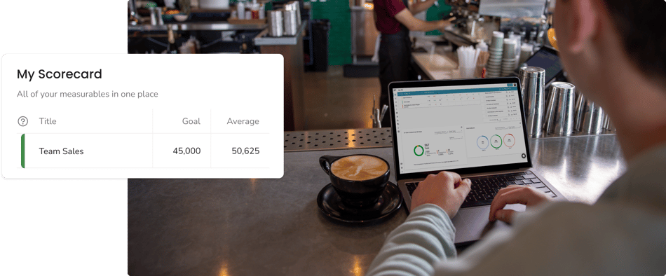 A man in a coffees shop looks at the scorecard tool within the Ninety app.