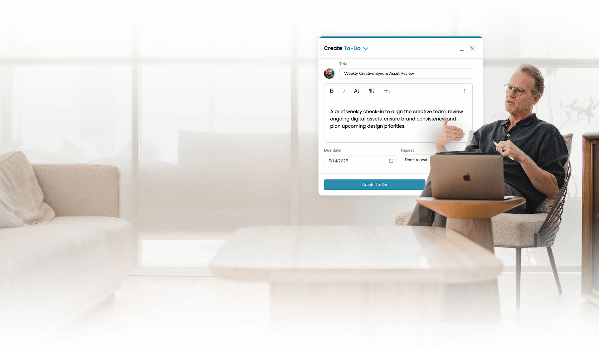 Man in a seated conversation, shown next to a digital task creation form titled 'Weekly Creative Sync & Asset Review'