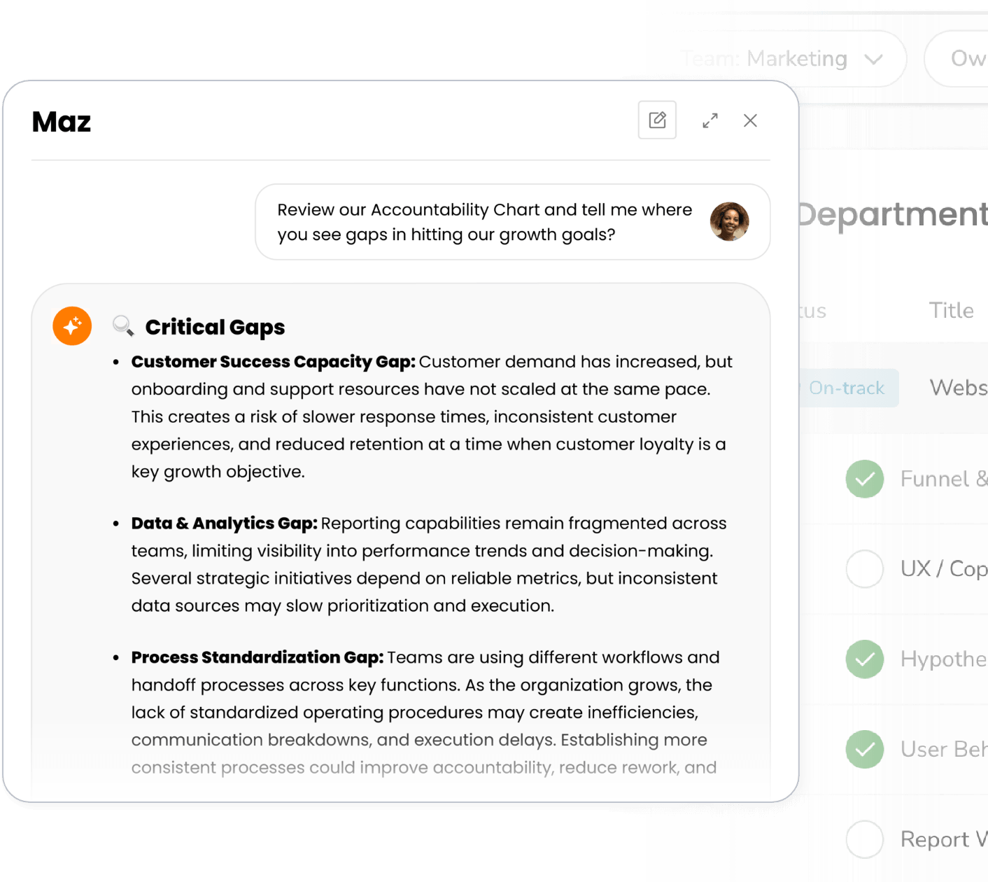 Maz AI reviewing the Accountability Chart and surfacing critical gaps in customer success capacity, data and analytics, and process standardization