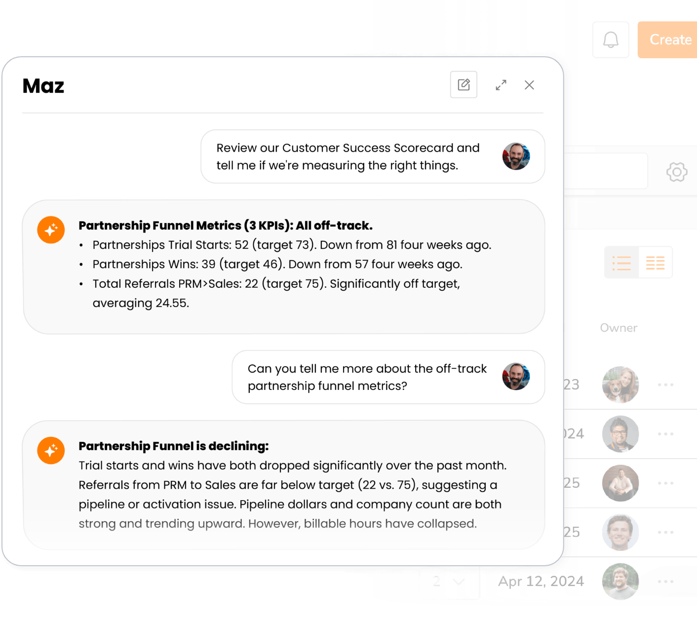 Maz AI reviewing a Customer Success Scorecard and flagging all three partnership funnel KPIs as off-track, with trial starts and wins declining sharply