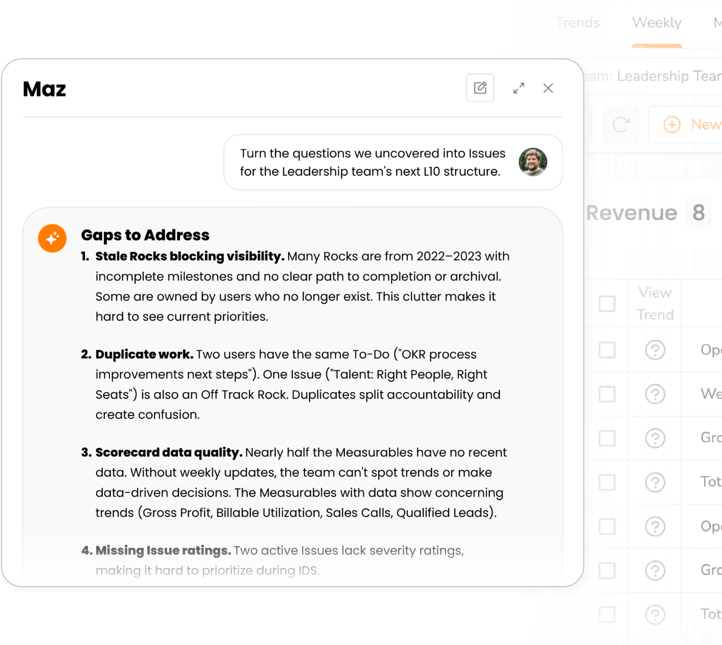 Maz AI converting uncovered questions into L10 Issues, flagging stale Rocks, duplicate work, scorecard data quality, and missing issue ratings