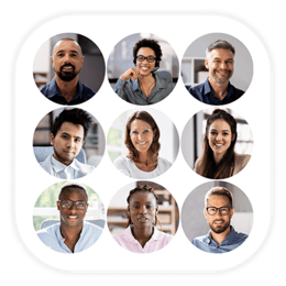 A group of nine diverse professionals smiling, arranged in a grid with circular images.