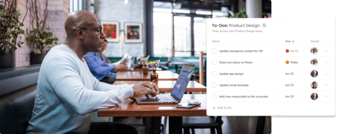 A user enters a to-do in a coffee shop using Ninety.io's To-Dos tool. A user enters a to-do in a coffee shop using Ninety.io's To-Dos tool.