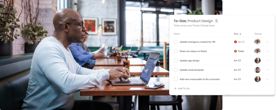 A user enters a to-do in a coffee shop using Ninety.io's To-Dos tool.