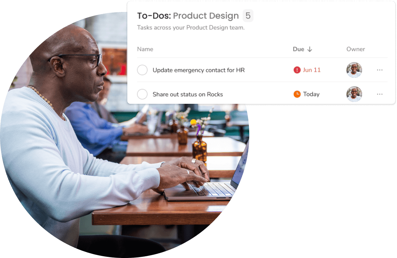 An employee on his laptop entering a to-do. Superimposed is a portion of the To-Dos tool – 2 tasks with due dates and an owner.