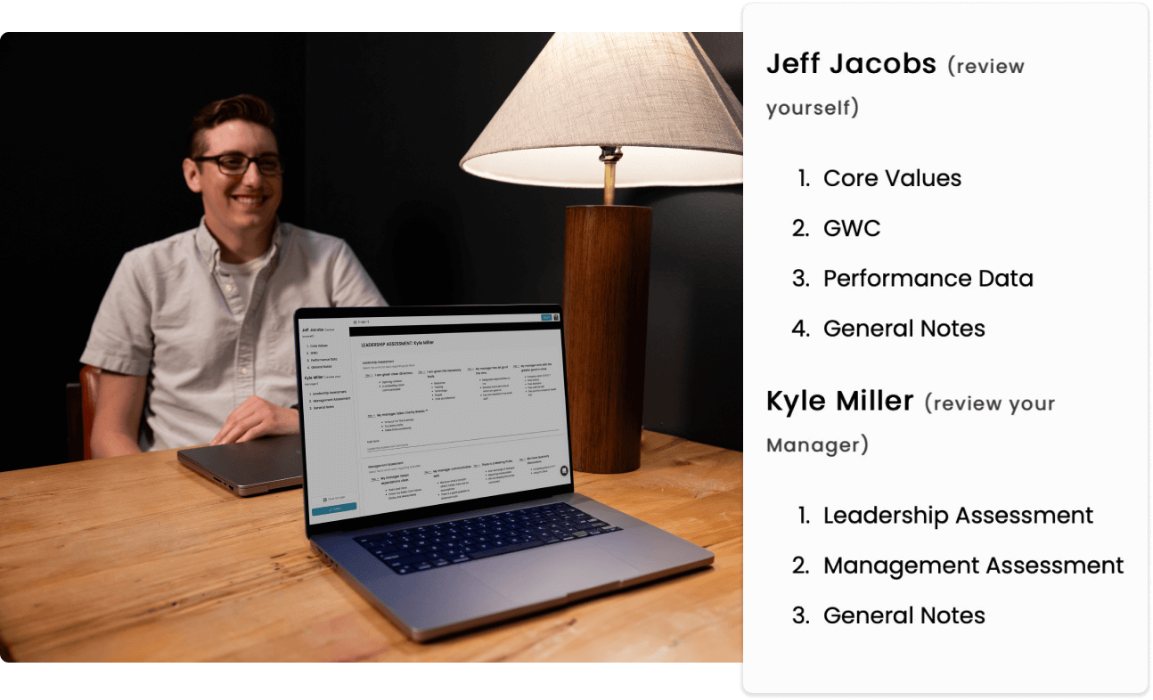An employee in a 1-on-1 meeting smiles as his communication partner speaks to him with his laptop open. The self-review tool is superimposed on top.