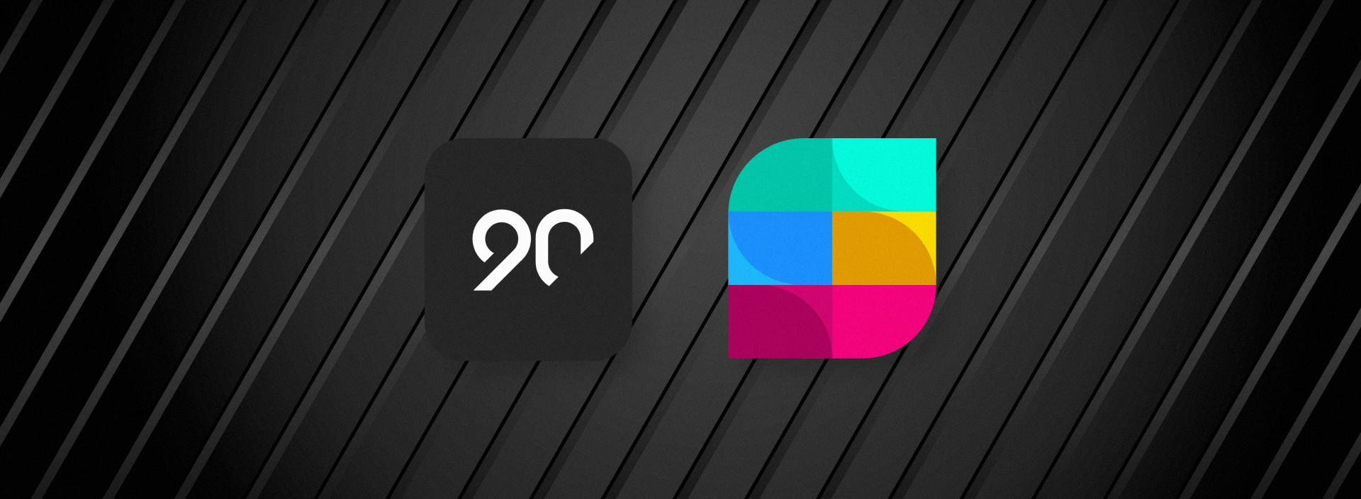 Logos of Ninety (90) and Strety side by side on a dark diagonal background