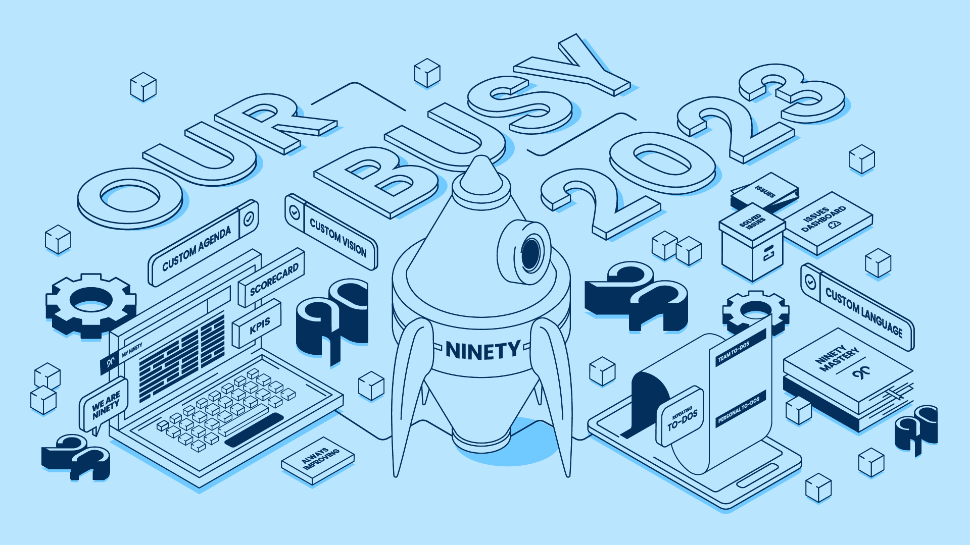 Ninety's busy 2023 represented by a rocket ship surrounded by computers and text bubbles with our new features.