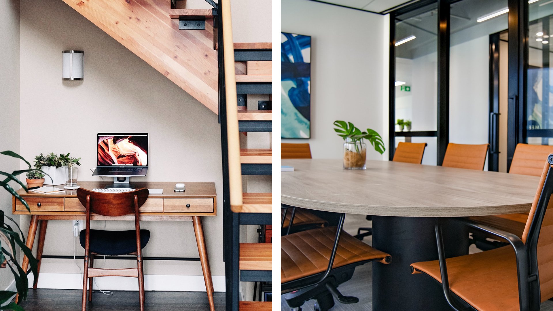 A remote workplace with desk and computer, and a hybrid workplace with conference table and screen.