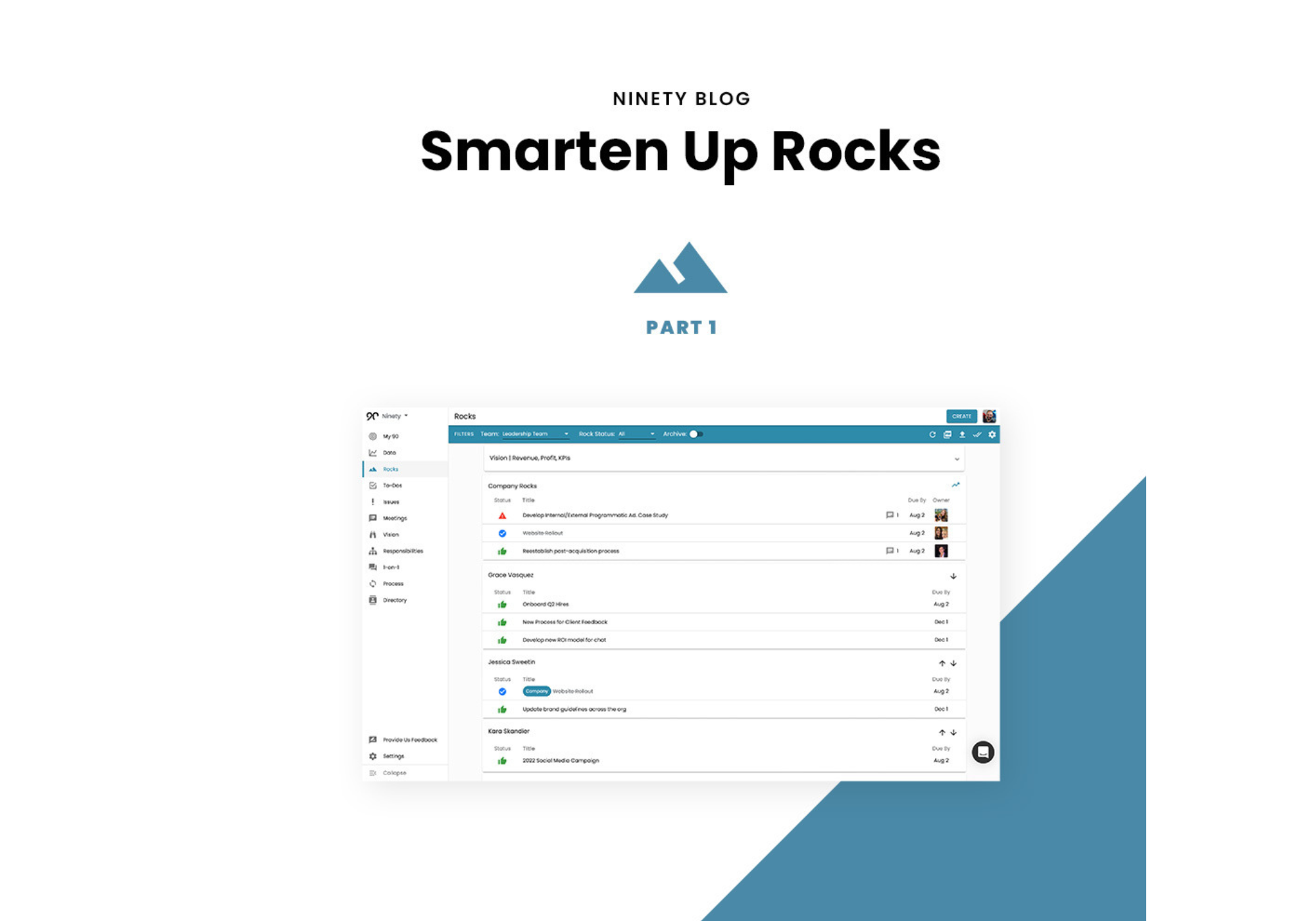 Ninety's Rocks tool shows all team Rocks, their owners, and associated milestones.