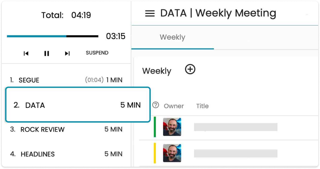 A screenshot of Ninety.io's meeting agenda tool, with a numbered list of the meeting agenda items