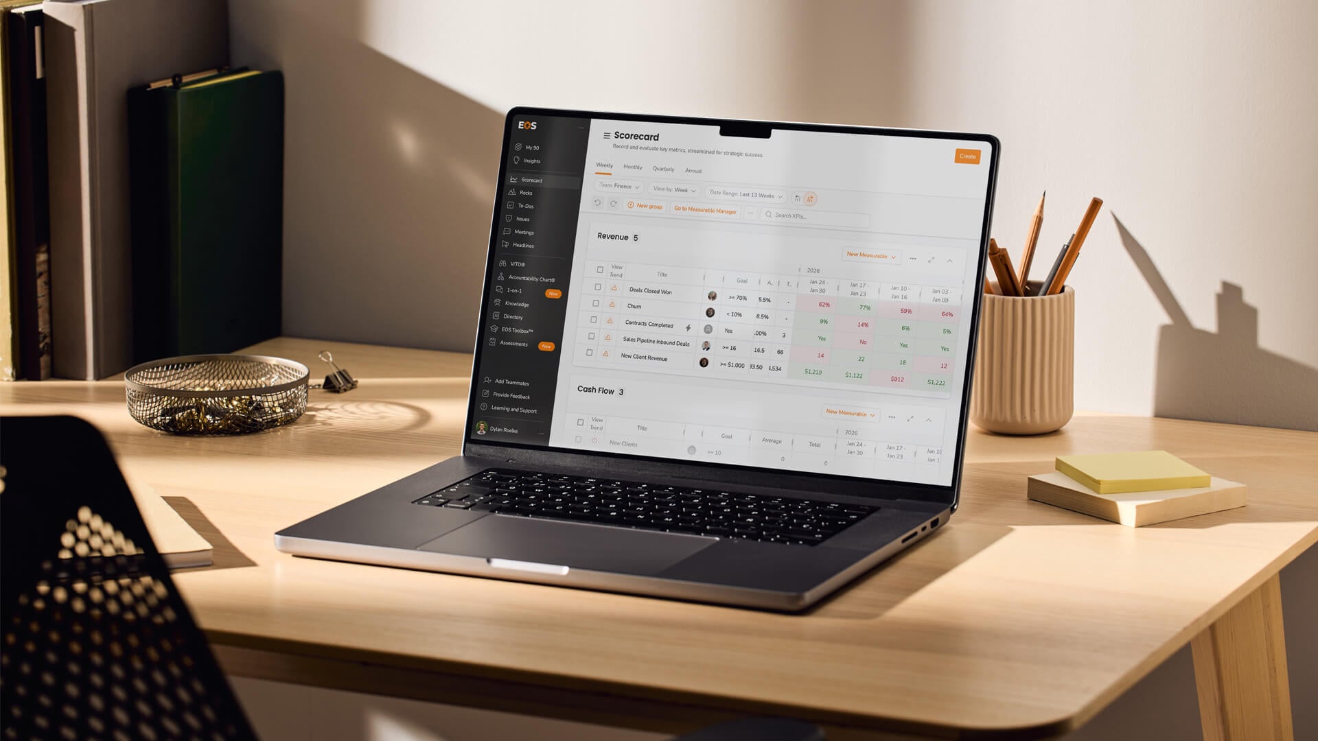 A laptop sitting on a desk with an EOS Scorecard on the screen.
